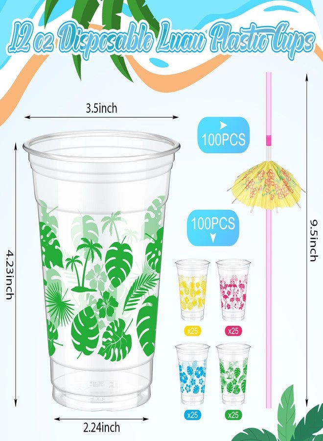 RimCereal 100 Pcs 12 oz Clear Disposable Luau Cups with Umbrella Straws Hawaiian Themed Party Decorations Tropical Luau Tiki Cups Pineapple Cups for Birthday Bachelorette Tropical Party Decorations - Image 3